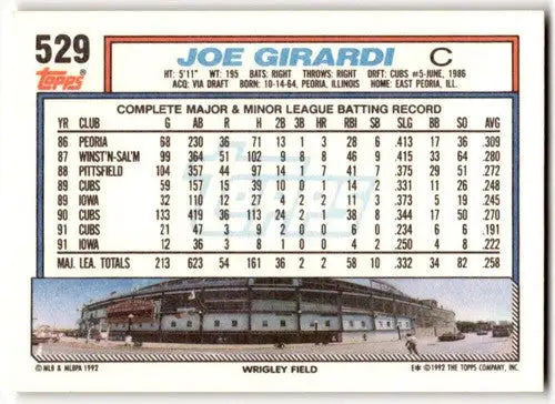 Original gloss Joe Girardi baseball card from 1992 Topps NM Near Mint Cubs