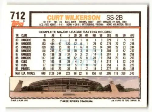 Baseball card featuring Curt Wilkerson Pittsburgh stats and Three Rivers Stadium original gloss