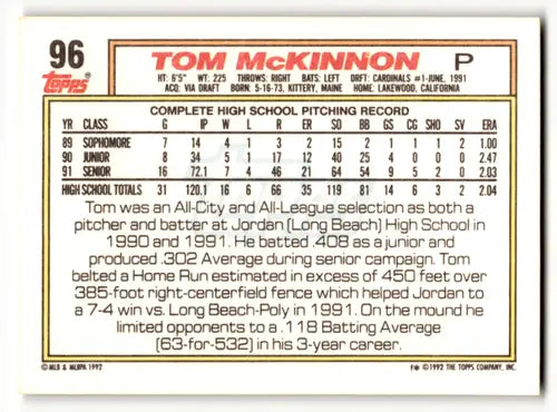 1992 Topps #96 Tom McKinnon NM-MT RC Rookie Cardinals ID:53822 - Trading Cards