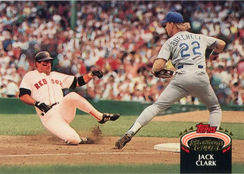 Jack Clark in a thrilling play at first base with the Red Sox on his Topps Stadium Club card