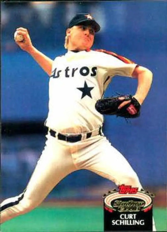 Curt Schilling mid-pitch in Houston Astros uniform on 1992 Topps Stadium Club card
