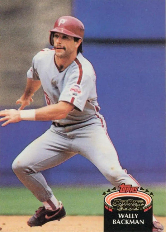 Baseball player in Philadelphia Phillies uniform on basepath, Topps Stadium Club card