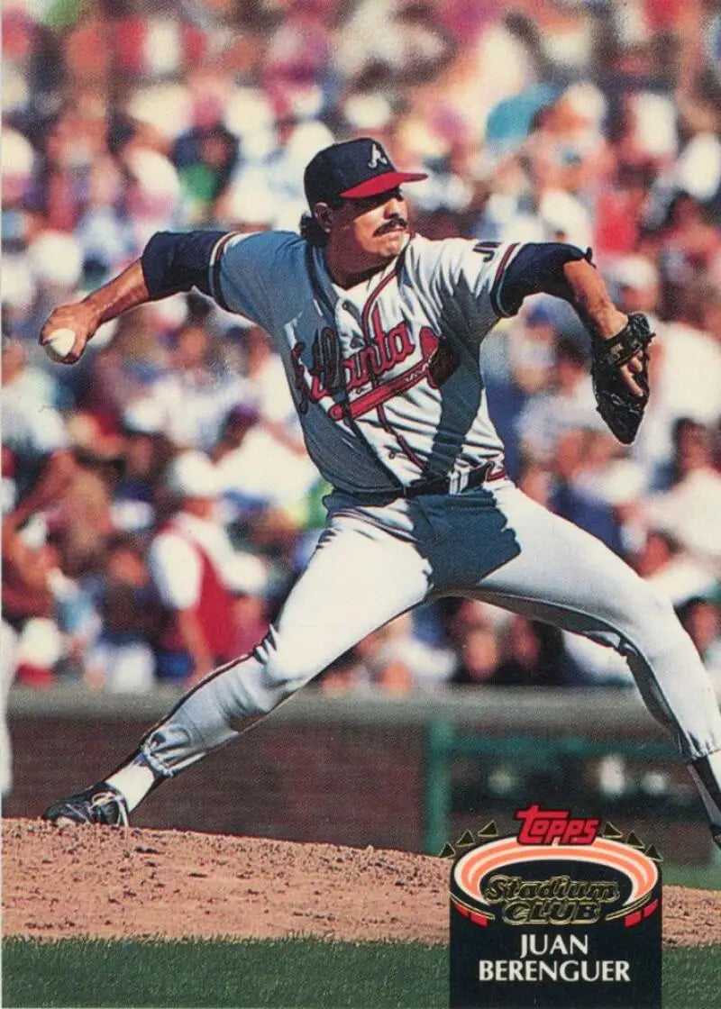 Juan Berenguer delivering a pitch in Atlanta Braves uniform on baseball card