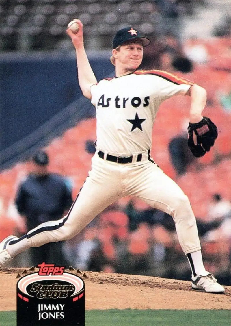 Baseball pitcher Jimmy Jones in Houston Astros uniform delivering on mound for Topps Stadium Club