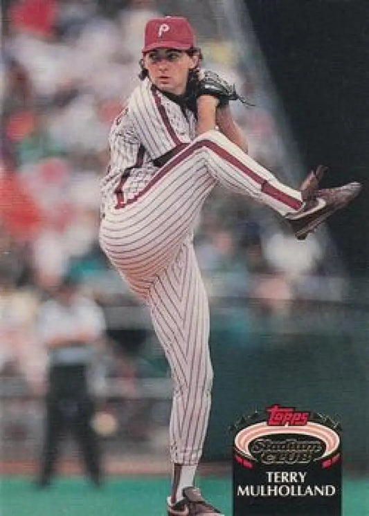 Baseball pitcher Terry Mulholland delivering in Philadelphia Phillies uniform, Topps Stadium Club