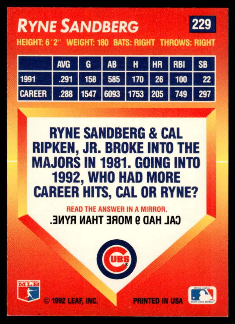 1992 Triple Play #229 Baseball Card of Ryne Sandberg, Chicago Cubs player with stats