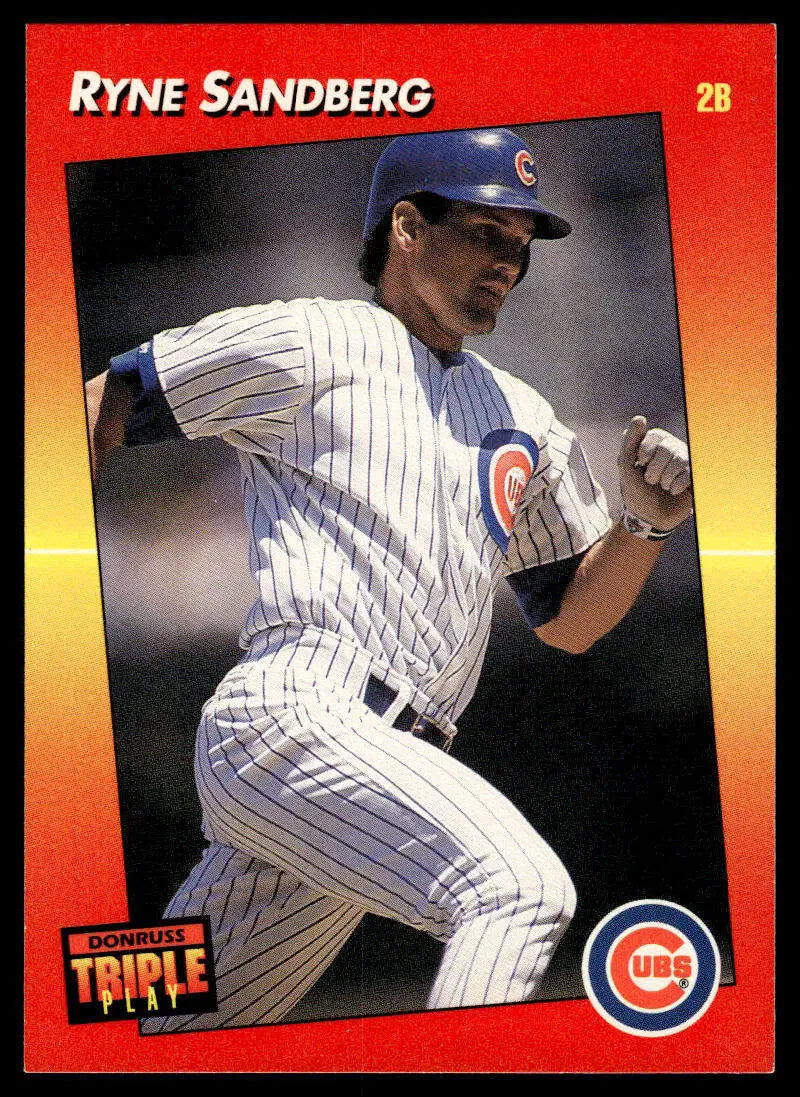 Ryne Sandberg Chicago Cubs baseball card showing player in pinstriped uniform