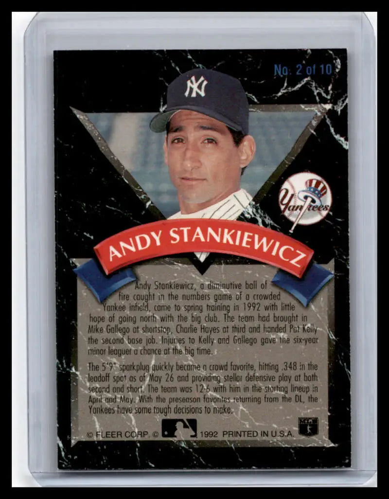 1992 Ultra Andy Stankiewicz Baseball Card featuring New York Yankees player in navy cap