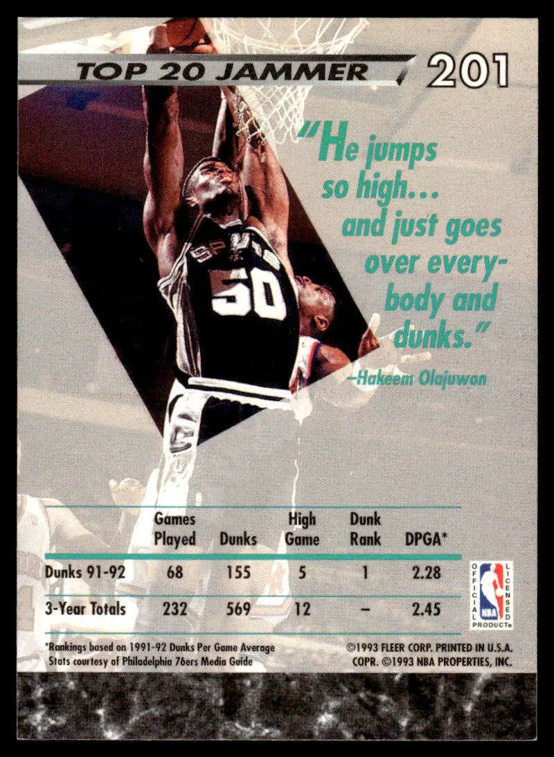Basketball trading card of David Robinson dunking in black #30 San Antonio Spurs jersey