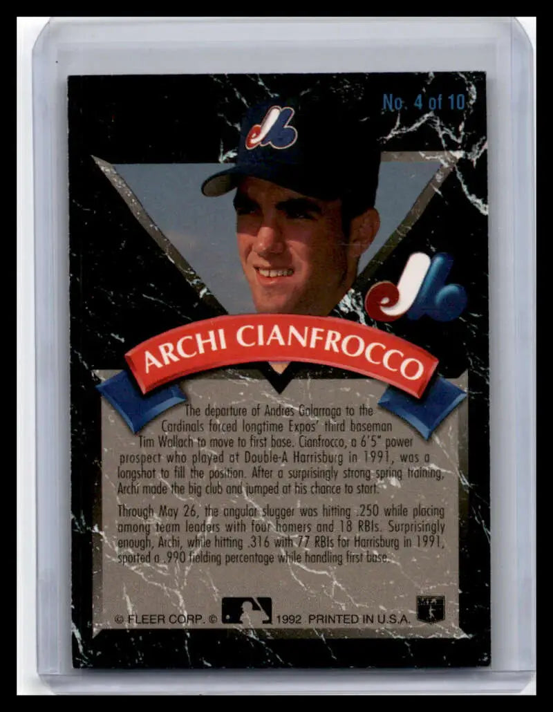 Baseball card of Archi Cianfrocco smiling in a blue cap for Montreal Expos