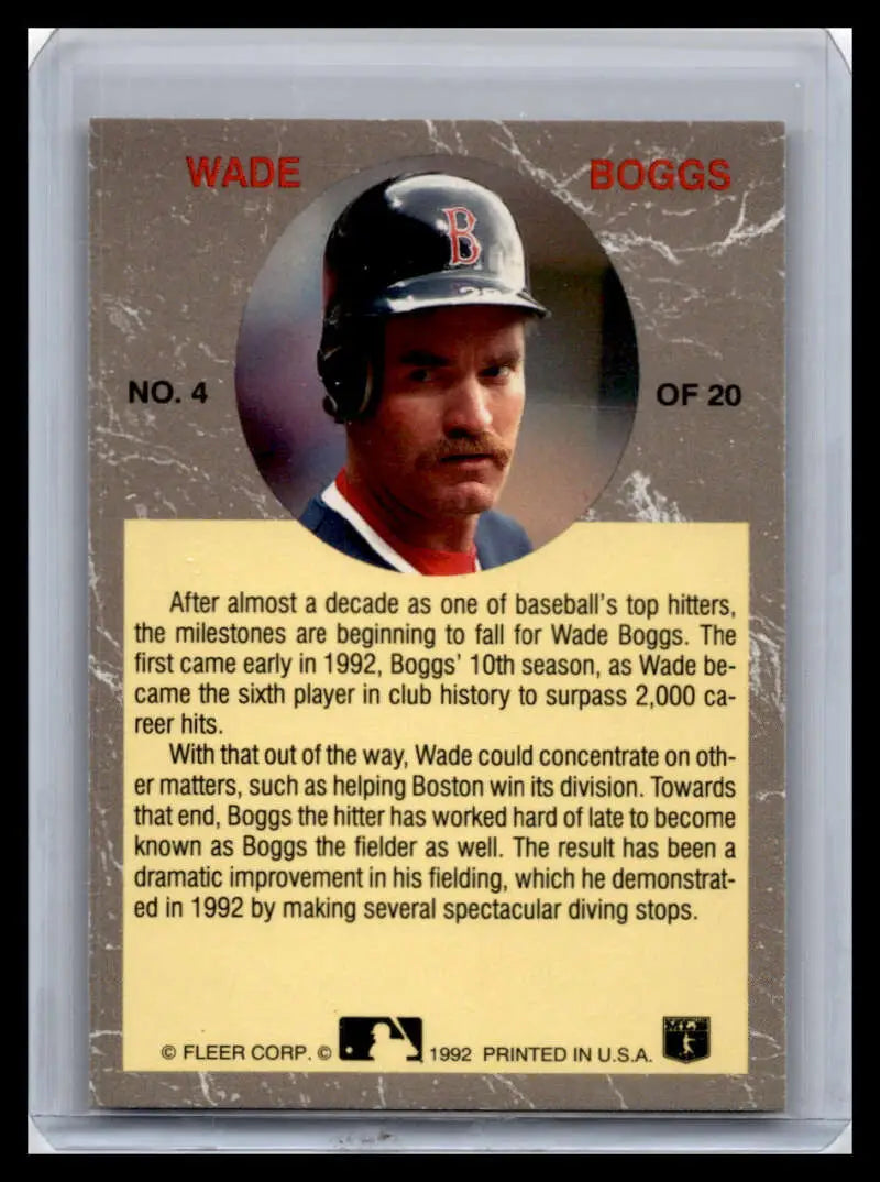 Baseball card of Wade Boggs, Boston Red Sox player with cap and mustache
