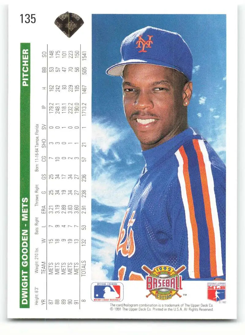 1992 Upper Deck Dwight Gooden Baseball Card featuring New York Mets player in blue uniform