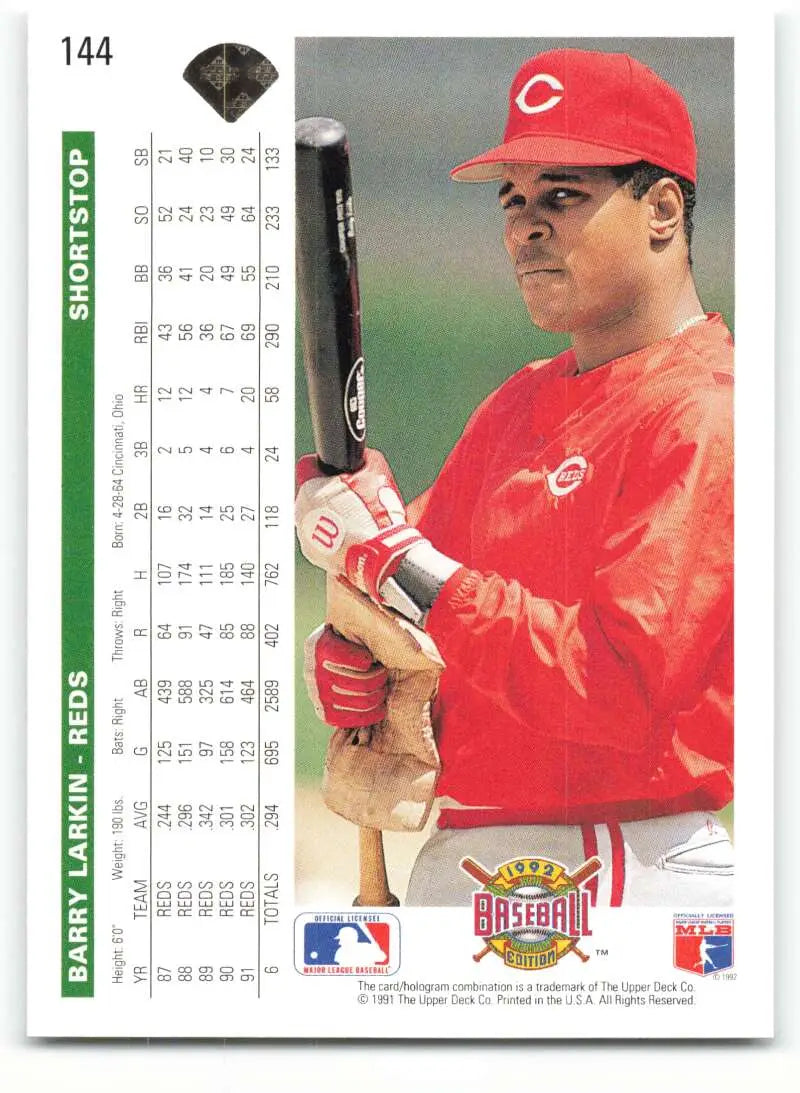 Cincinnati Reds Barry Larkin in red uniform on 1992 Upper Deck baseball card