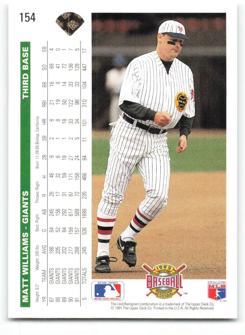 Matt Williams 1992 Upper Deck Baseball Card San Francisco Giants with stats displayed