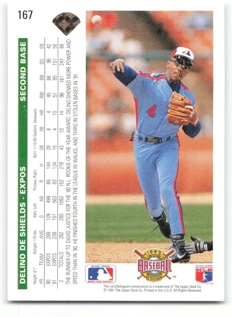 Montreal Expos baseball card featuring Delino DeShields in classic team uniform