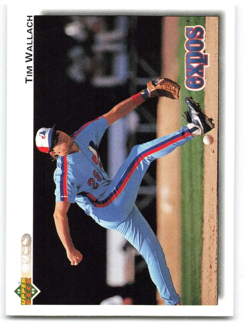 Tim Wallach mid-pitch in light blue Montreal Expos uniform on baseball card