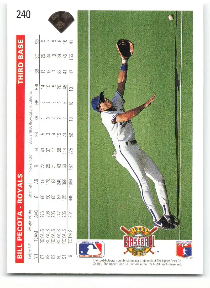 Upper Deck baseball card featuring Kansas City Royals outfielder leaping for a catch