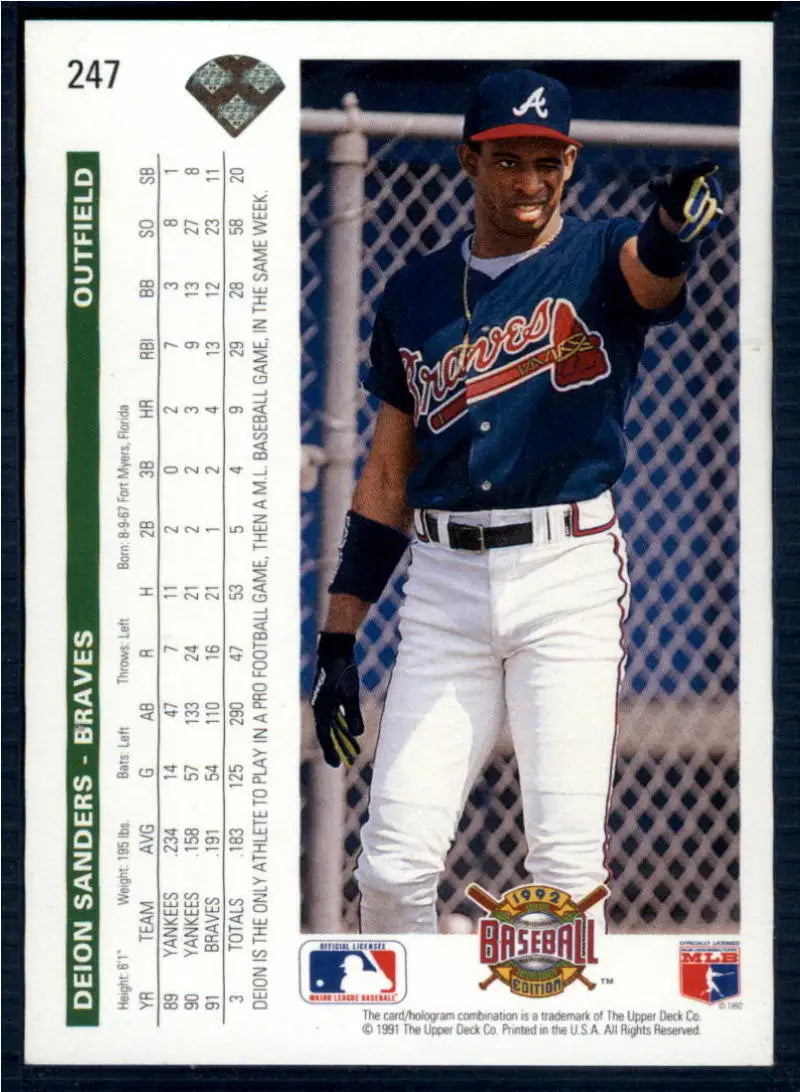 Baseball card of Deion Sanders in Atlanta Braves navy blue and white uniform
