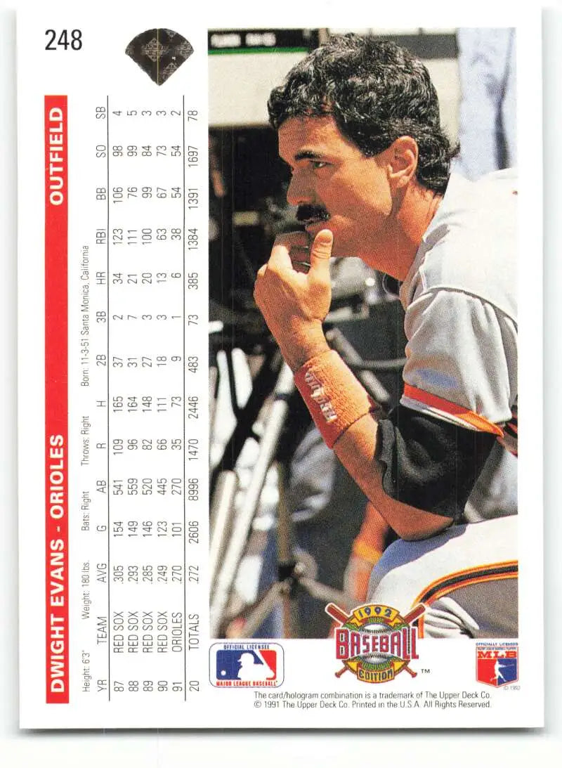 Dwight Evans in a dugout, enjoying a snack on a 1992 Upper Deck Baltimore Orioles card