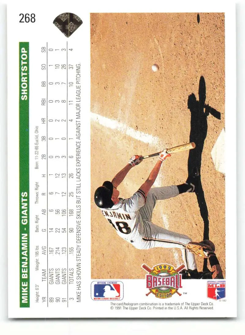 Mike Benjamin swings a bat, casting a shadow on dirt infield, San Francisco Giants card