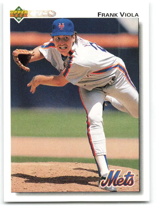 Baseball player Frank Viola in New York Mets uniform delivering pitch on Upper Deck card