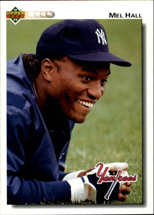 Mel Hall smiling in New York Yankees uniform for 1992 Upper Deck baseball card