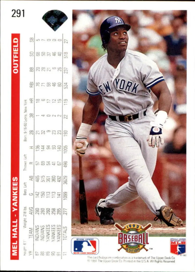 Mel Hall at bat in white pinstriped uniform on New York Yankees Baseball Card