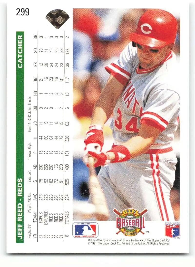 1992 Upper Deck Jeff Reed Cincinnati Reds Baseball Card in white uniform at bat