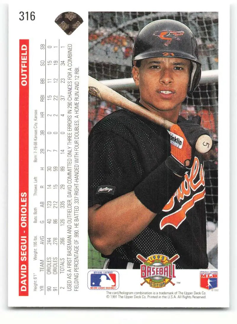 David Segui Baltimore Orioles baseball card in black uniform with bat by Upper Deck