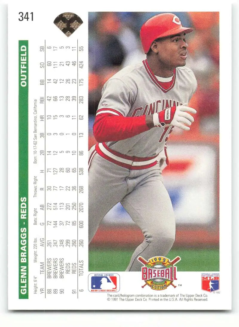 Glenn Braggs 1992 Upper Deck baseball card featuring Cincinnati Reds in gray uniform