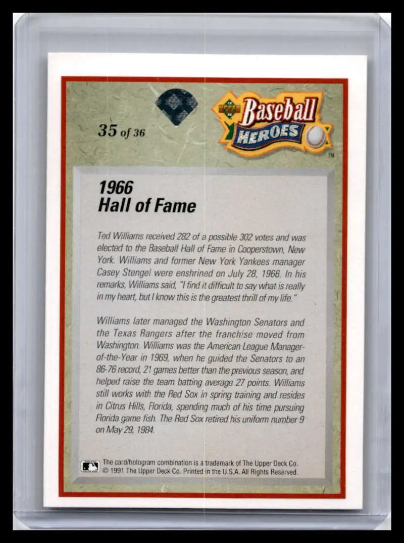 Baseball card featuring text about the 1966 Hall of Fame and Ted Williams Red Sox