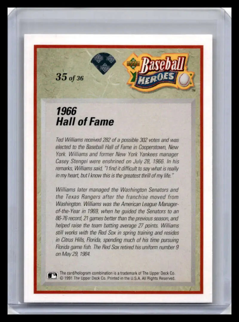 Baseball card highlighting 1966 Hall of Fame induction of Ted Williams, Boston Red Sox