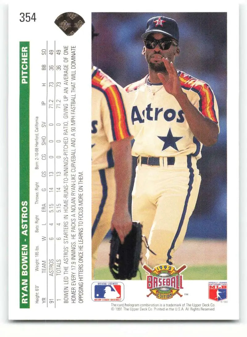 1992 Upper Deck #354 Ryan Bowen Houston Astros baseball card in retro rainbow uniform