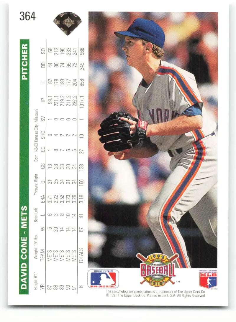 David Cone mid-delivery in gray road uniform on 1992 Upper Deck New York Mets card