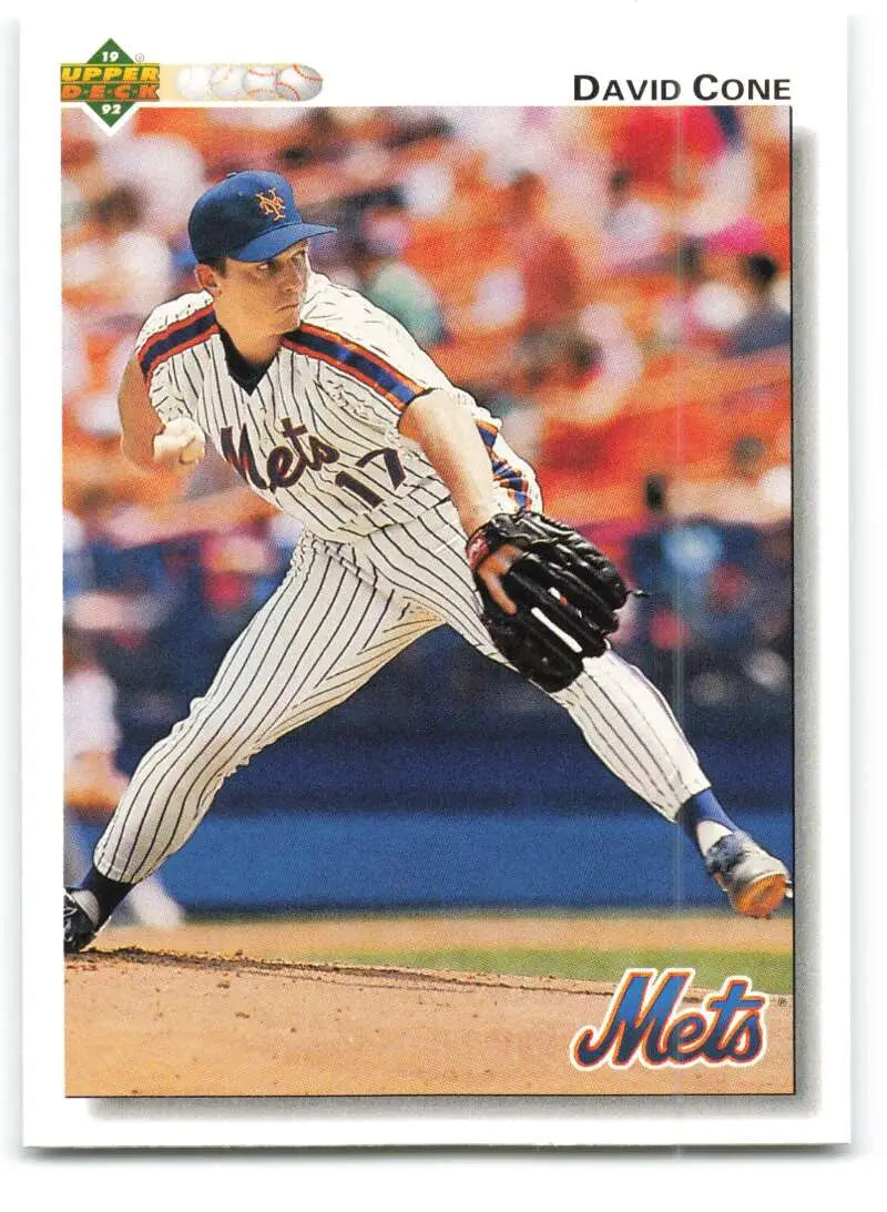 David Cone in mid-delivery on a 1992 Upper Deck New York Mets Baseball Card