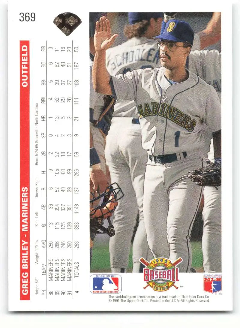 Baseball card of Greg Briley in Seattle Mariners white home uniform, 1992 Upper Deck