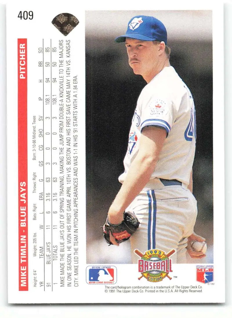 1992 Upper Deck Mike Timlin Baseball Card featuring Toronto Blue Jays pitcher in white uniform
