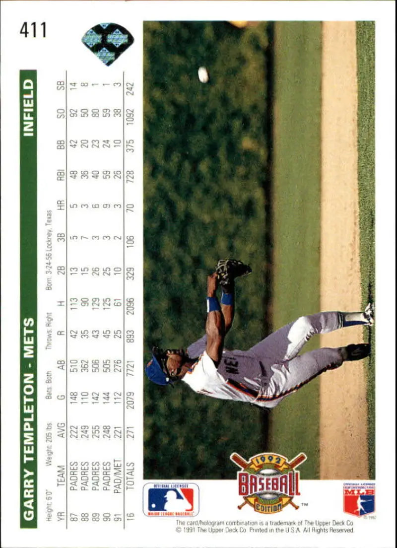 Garry Templeton diving for a catch in gray uniform on Upper Deck Baseball Card