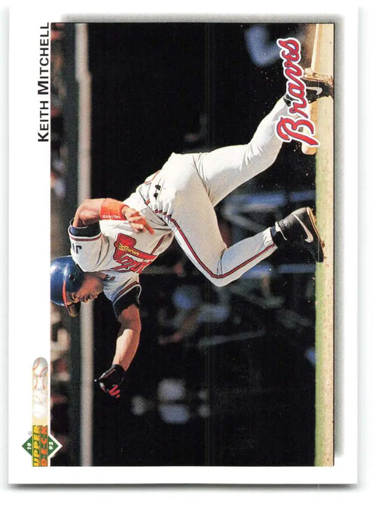 Keith Mitchell diving catch in white Atlanta Braves uniform on baseball card