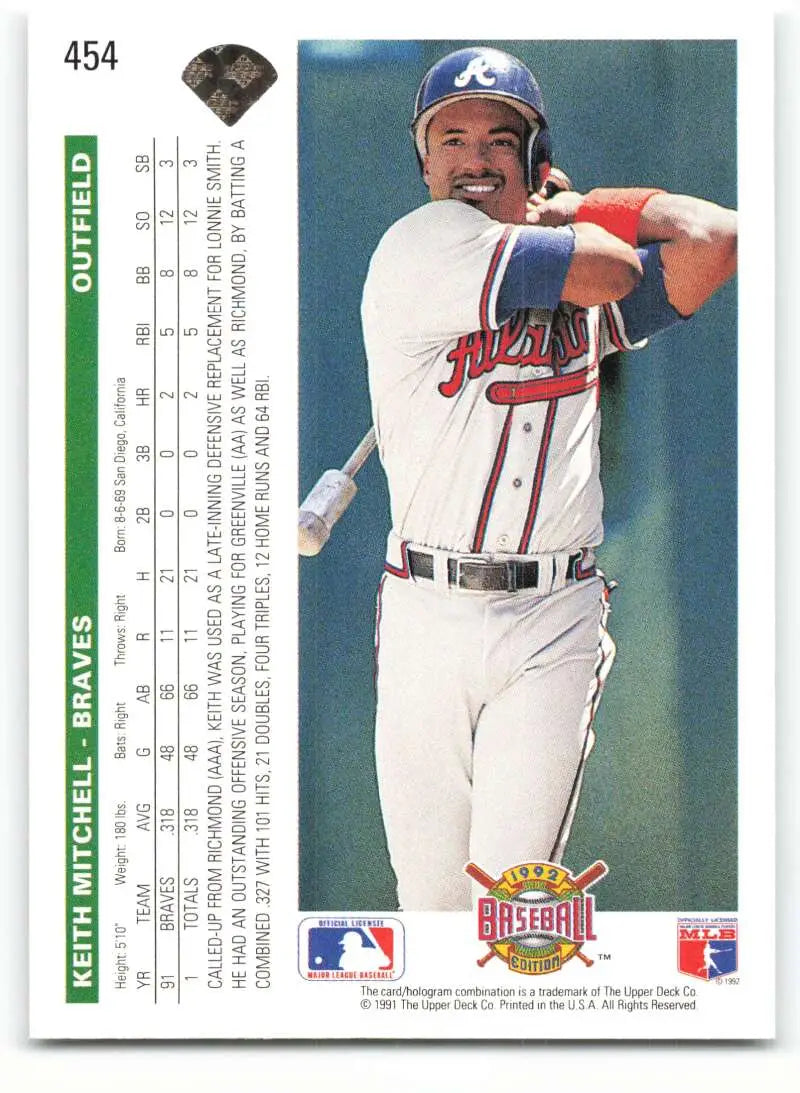 Keith Mitchell Atlanta Braves Baseball Card in white home uniform from 1992 Upper Deck