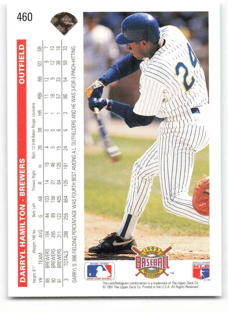 Darryl Hamilton at bat in pinstriped uniform on 1992 Upper Deck Milwaukee Brewers card