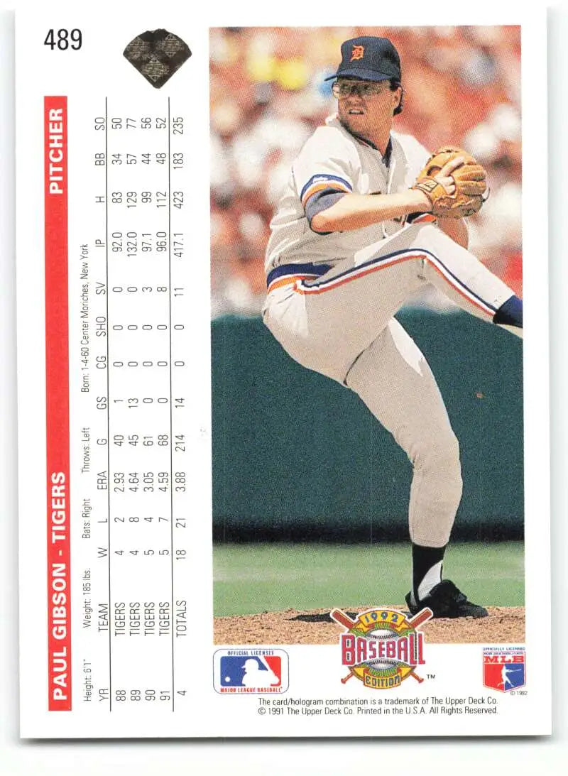 Baseball card of Paul Gibson pitching in a Detroit Tigers uniform from Upper Deck