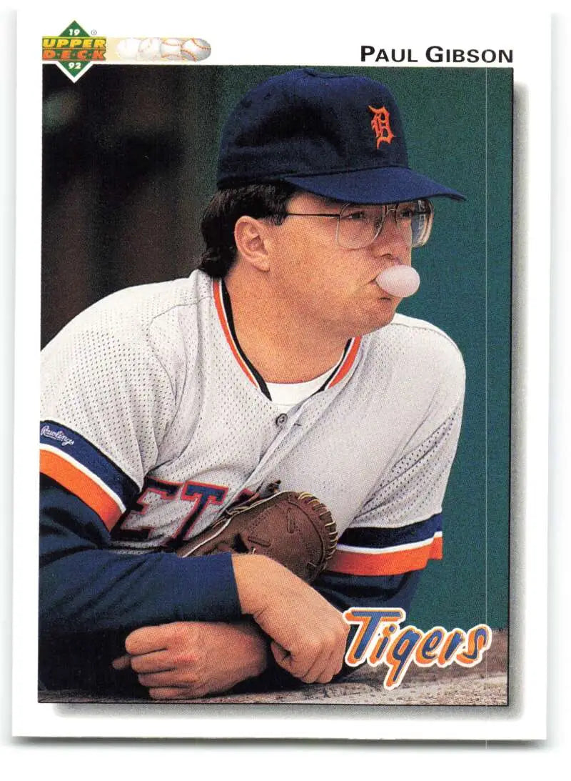 Detroit Tigers Paul Gibson baseball card featuring player in glasses and navy cap