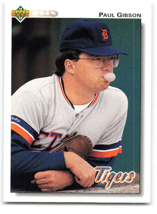 Detroit Tigers Paul Gibson baseball card featuring player in glasses and navy cap