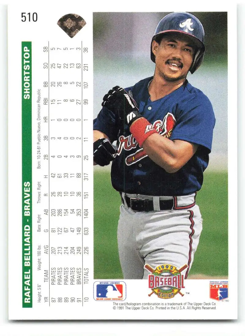 Rafael Belliard in batting stance on 1992 Upper Deck baseball card for Atlanta Braves