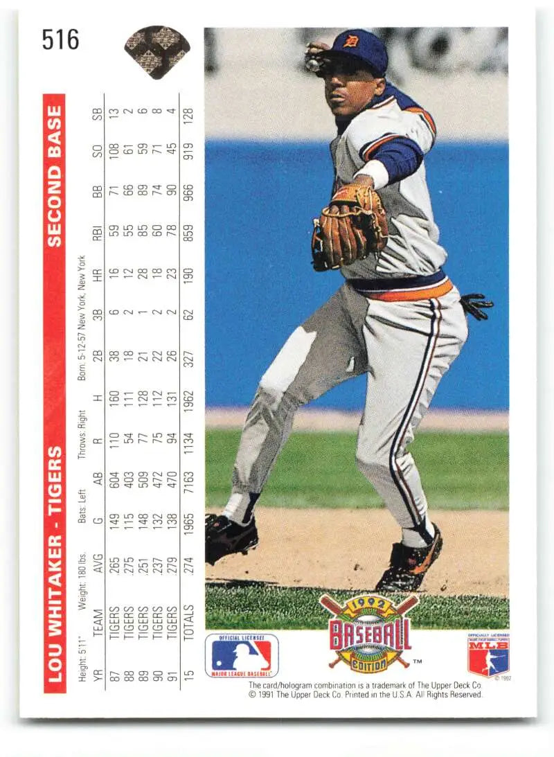 Lou Whitaker pitching in white uniform on 1992 Upper Deck Detroit Tigers Baseball Card