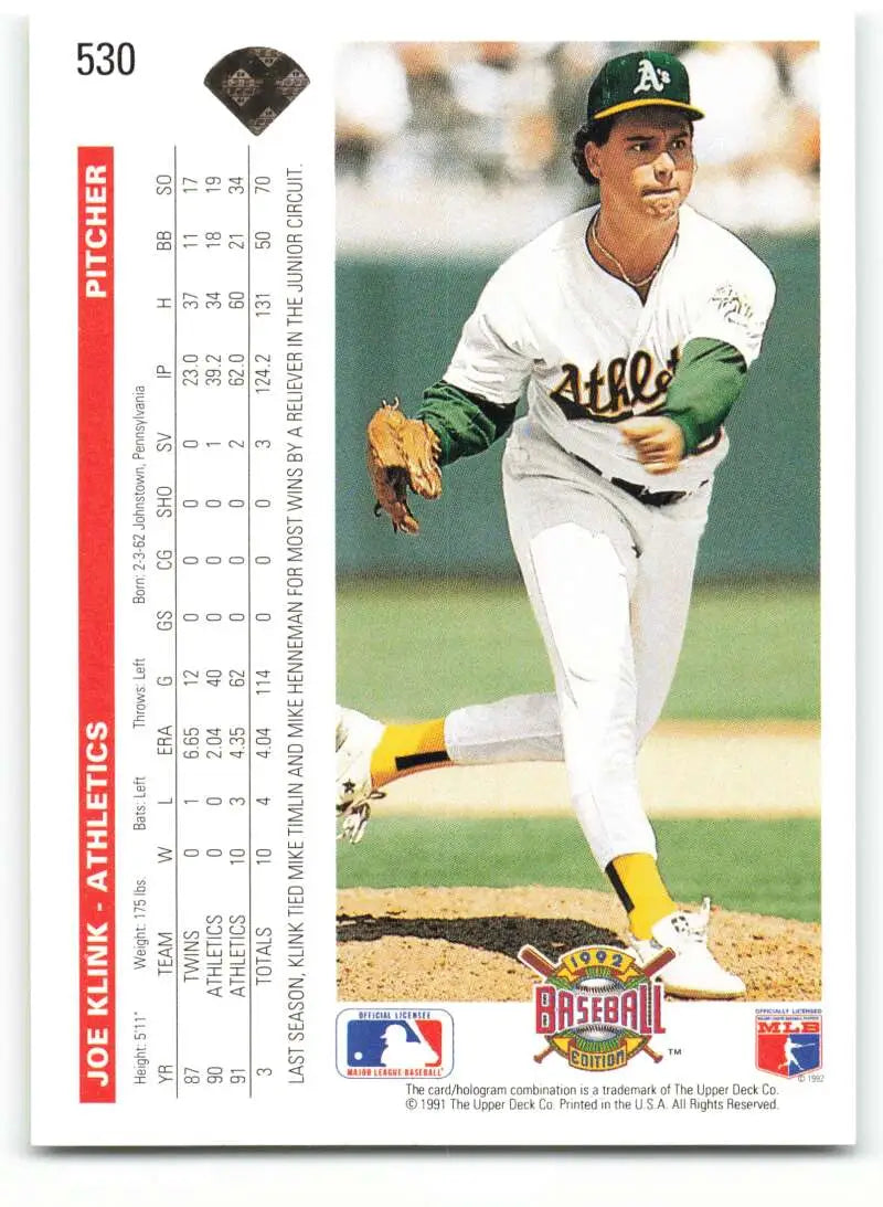Joe Klink delivering a pitch in a white uniform on 1992 Upper Deck Oakland Athletics card