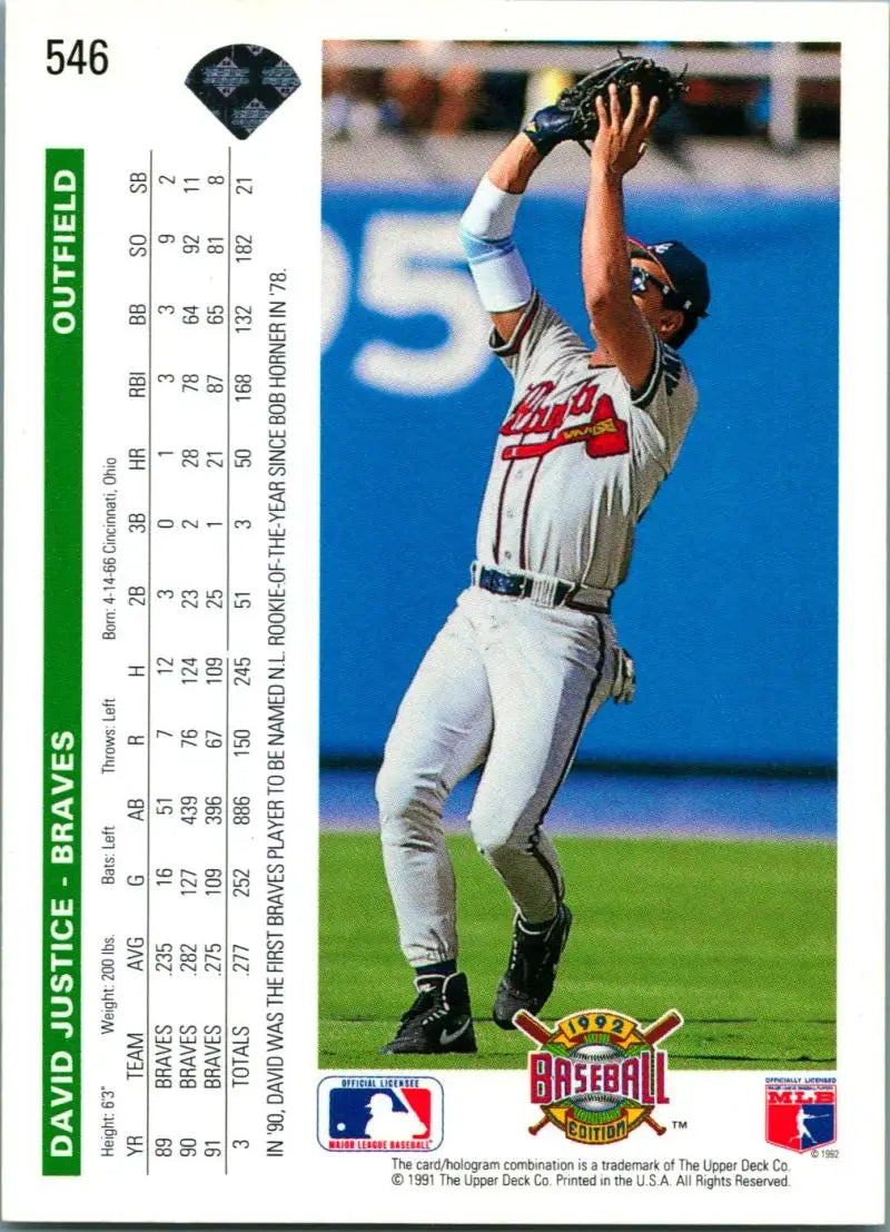 David Justice in Atlanta Braves uniform catching a fly ball on baseball card