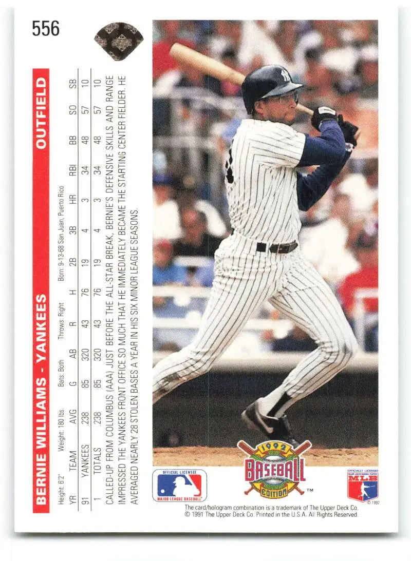 Bernie Williams at bat on a 1992 Upper Deck New York Yankees Baseball Card