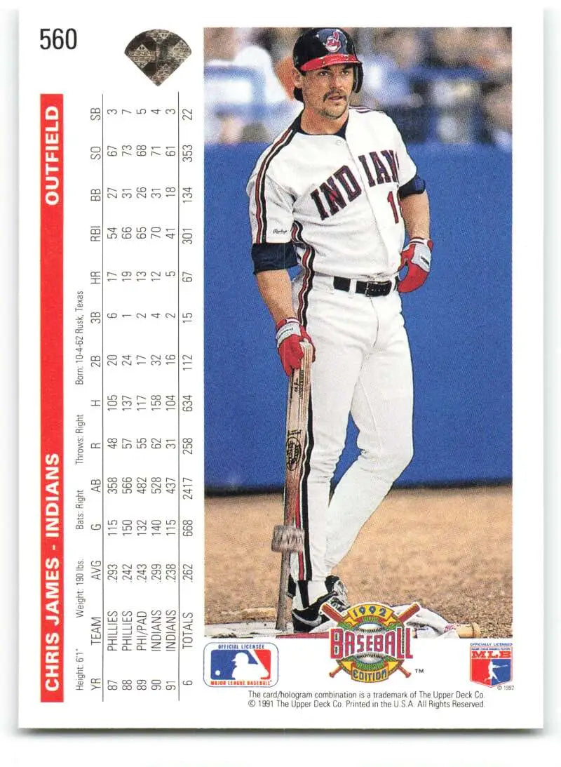 Baseball card of Chris James in a white Cleveland Indians uniform holding a bat